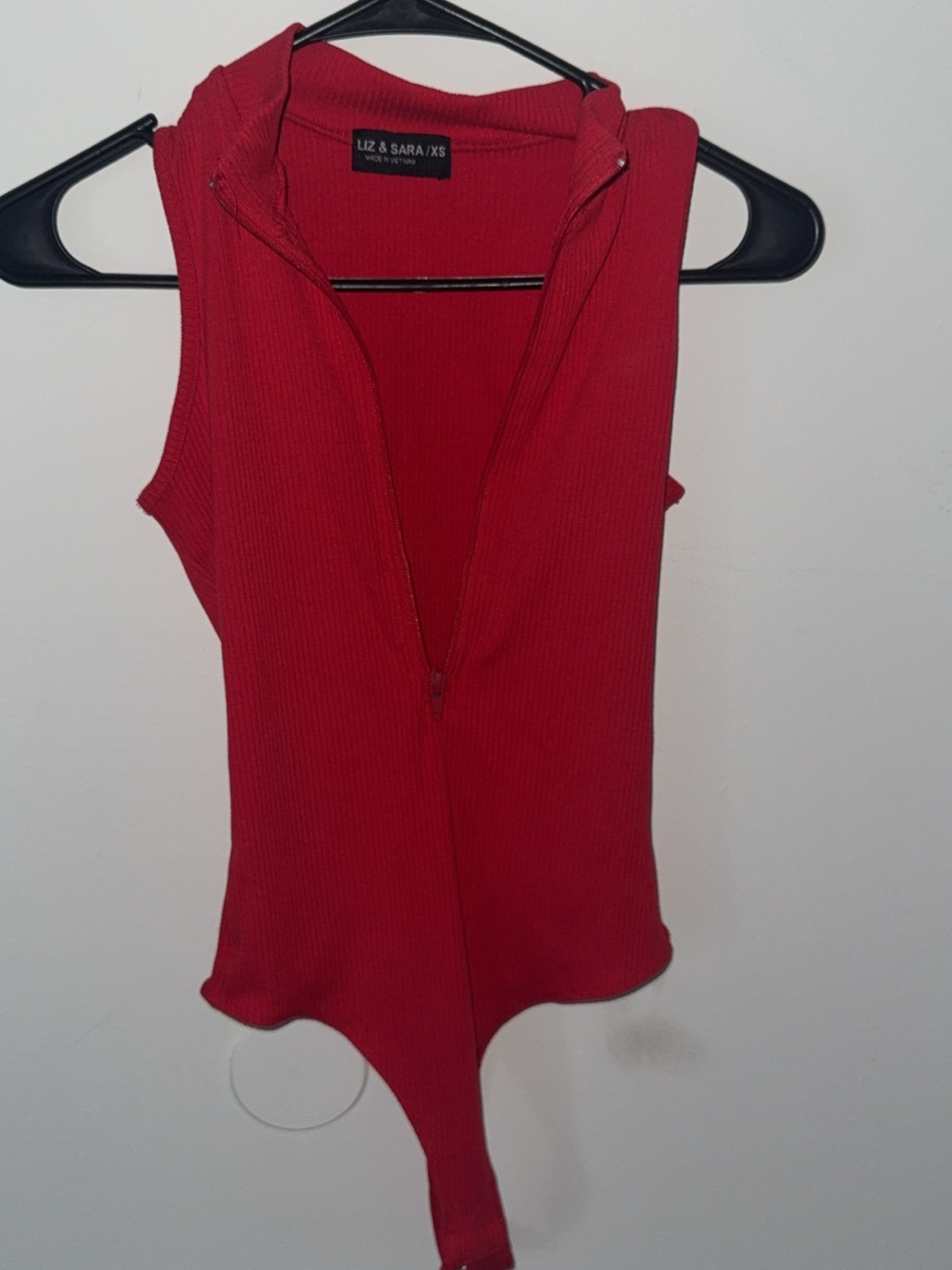 Red Ribbed Zip-Front Sleeveless Bodysuit